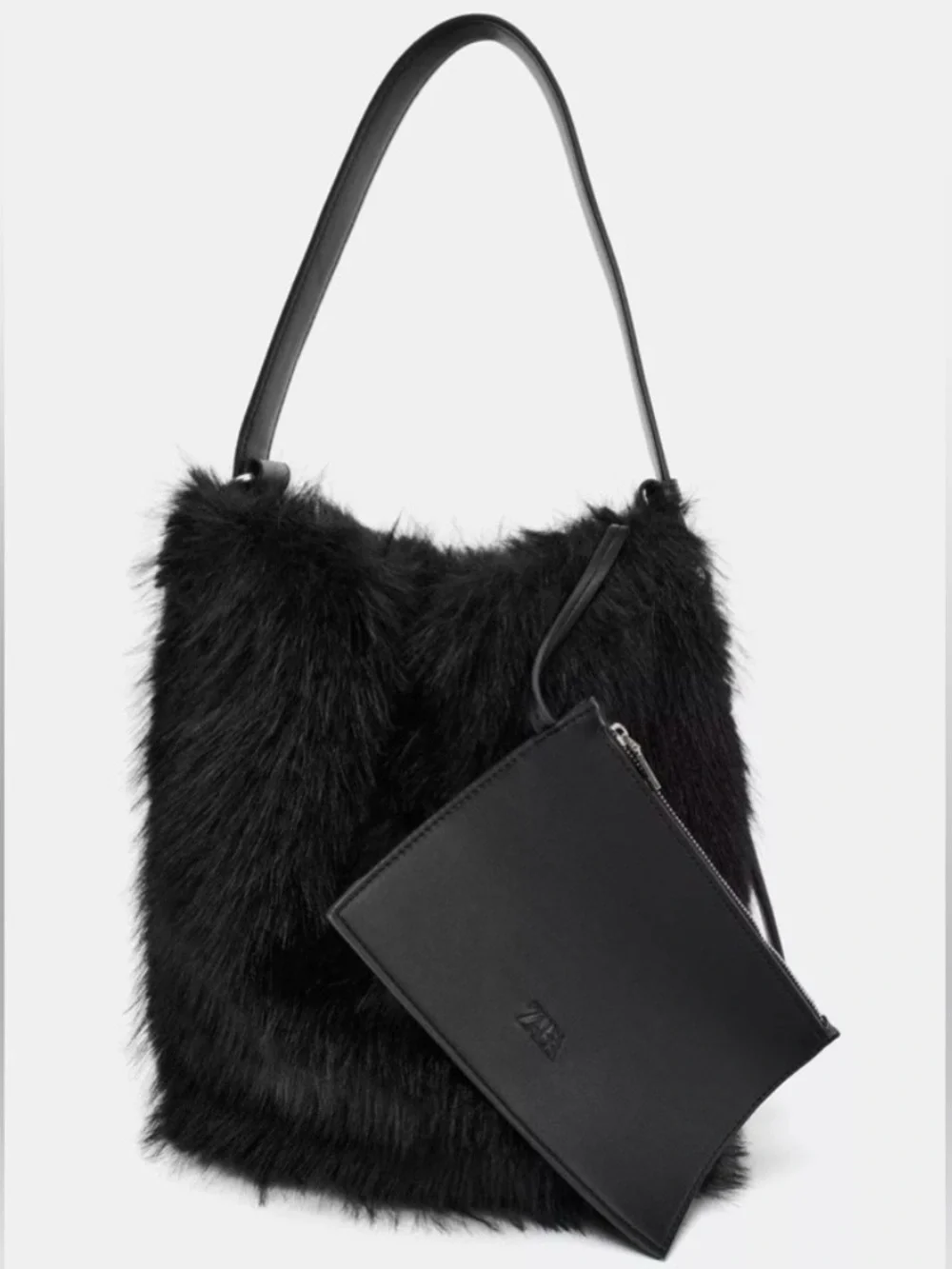 Zara Black Faux-Fur Hobo Bag with Adjustable Strap
